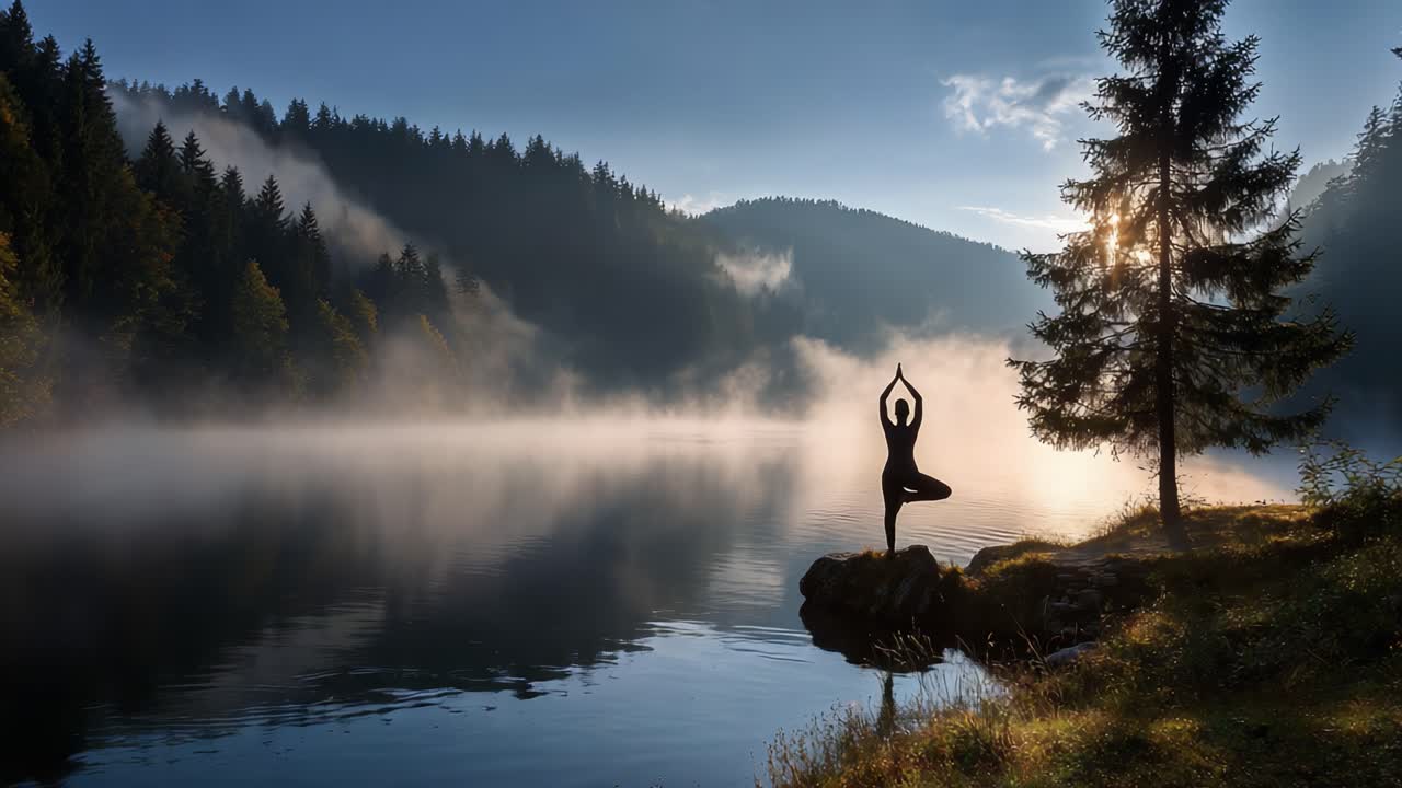 Serene Morning Yoga by the Lake: A Tranquil Moment of Reflection and Peace in Nature, Embracing Stillness Amidst Breathtaking Scenery and Soft Fog