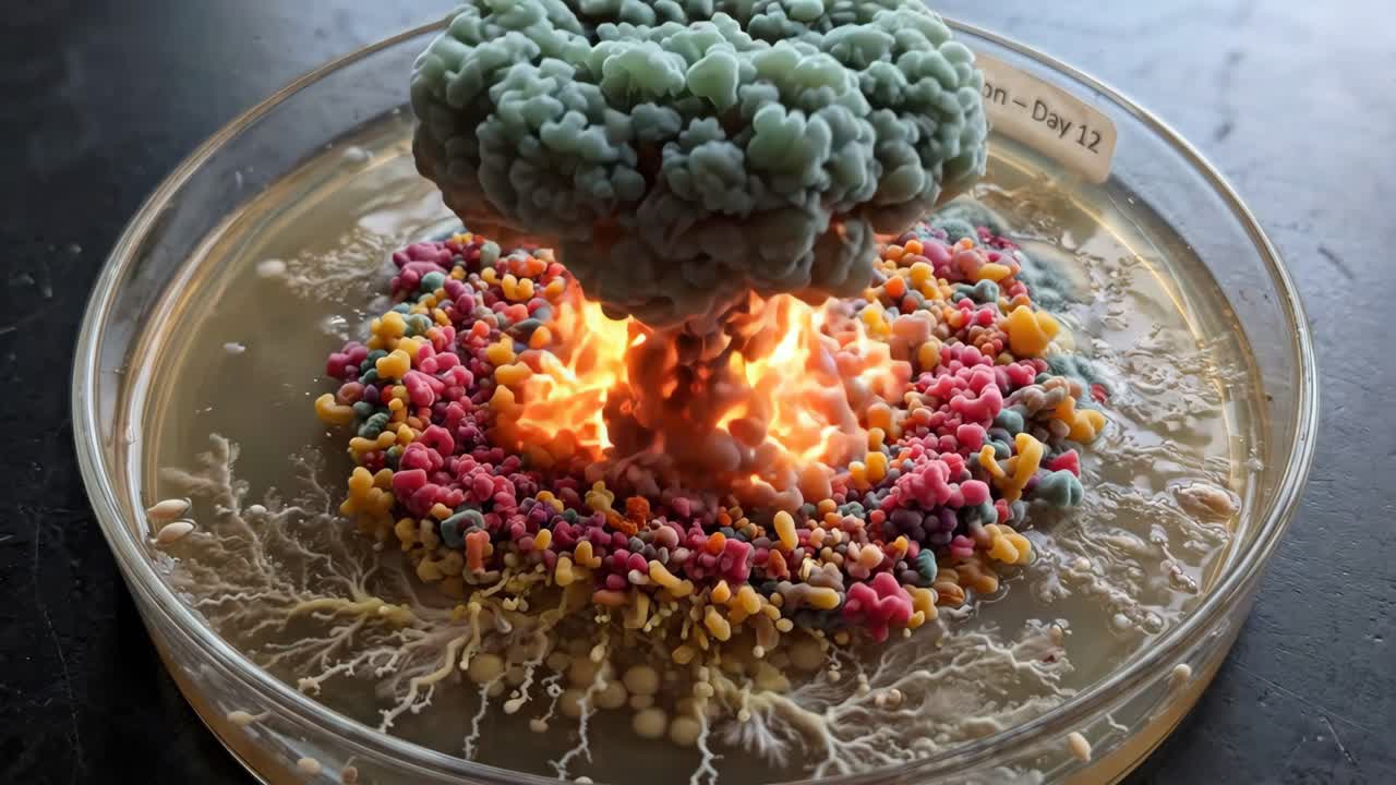 Experimento Colorido de Fissão Microbiana em uma Placa de Petri