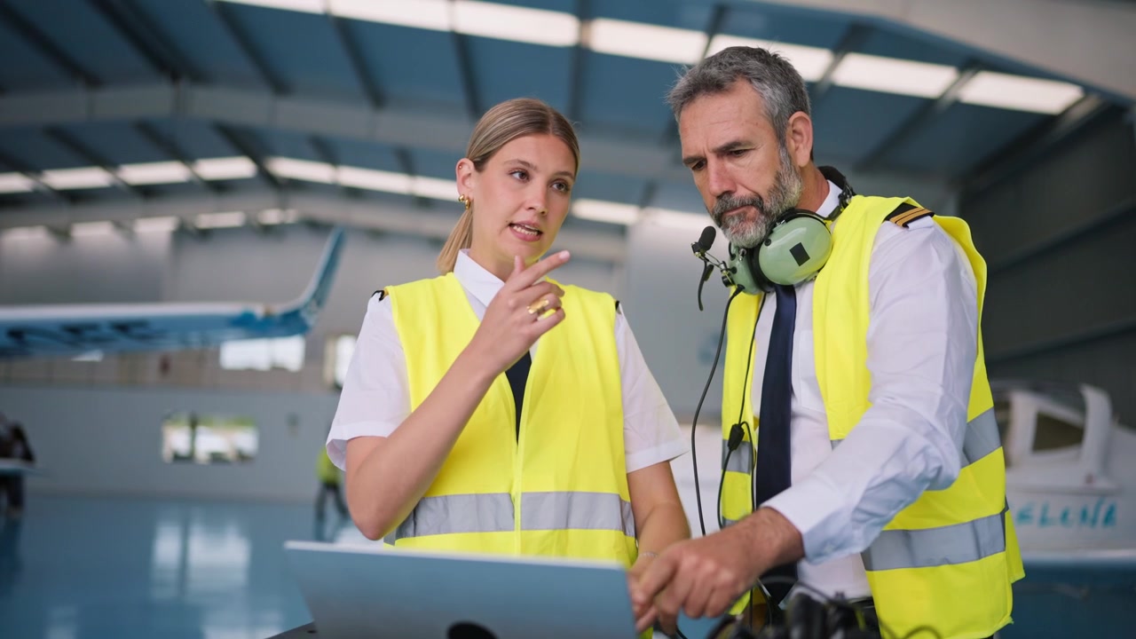Due piloti che discutono i piani di volo su un laptop in un hangar