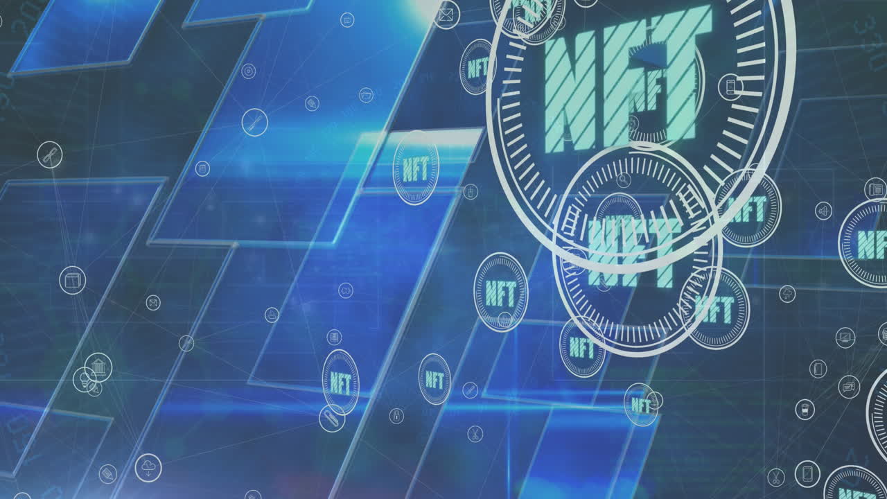 animación de nft en círculos sobre formas azules en el espacio digital.