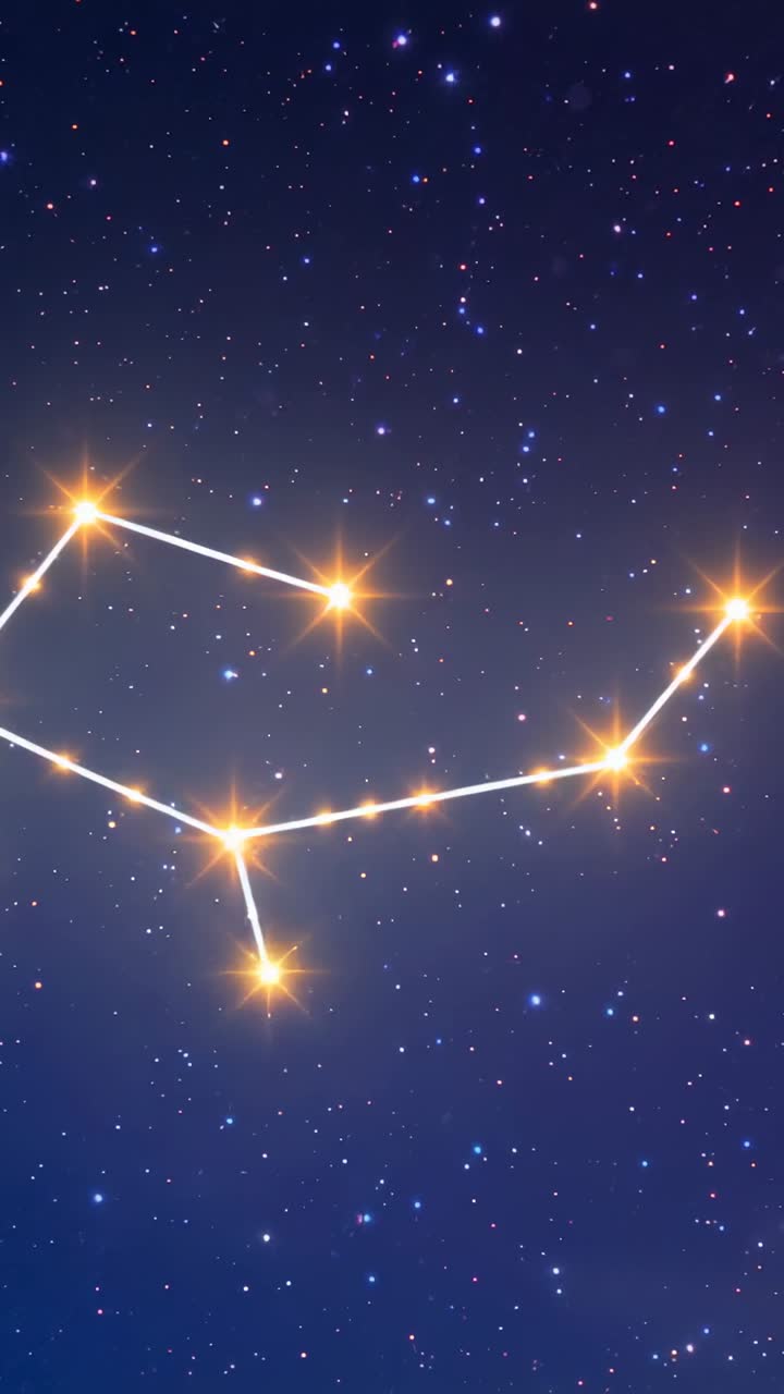 Vídeo vertical: animación de constelación inicial que revela nodos de estrellas que iluminan líneas doradas, cielo azul marino