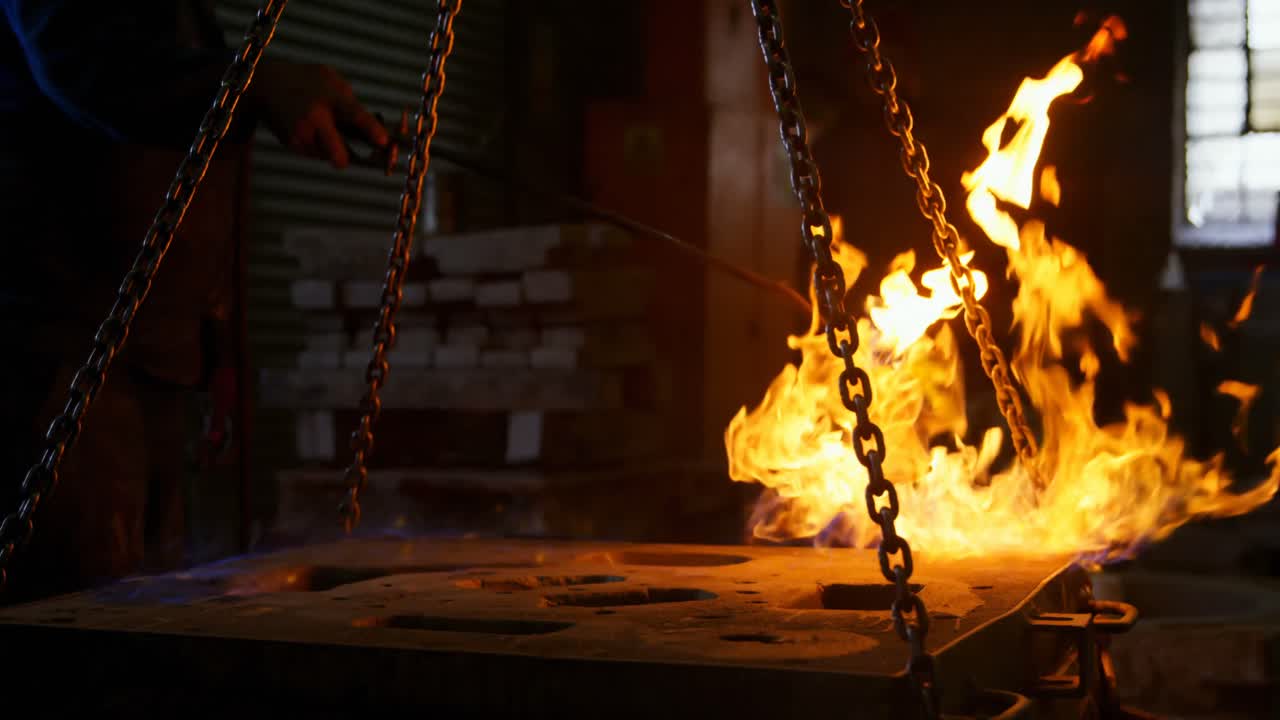 파운드리 워크 ⁇  4k에서 불꽃으로 금속 모형을 가열하는 작업자
