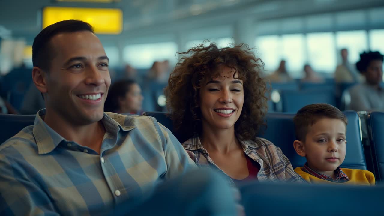 Smiling family awaiting flight sharing glances at airport departure lounge with chairs and bags