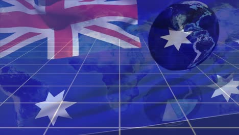 Animation-of-data-processing-over-flag-of-australia-and-globe