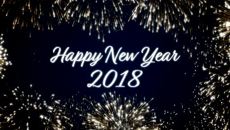 looping happy new year 2018 social post card with gold animated fireworks on elegant black and blue background.loop celebration english language concept. loopable animation for festive holiday event