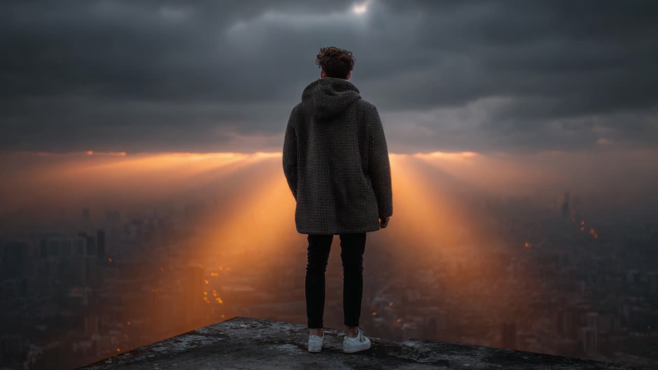 A solitary figure stands at the edge of a rooftop, gazing over a sprawling urban landscape as golden beams of light pierce through dark storm clouds during sunset