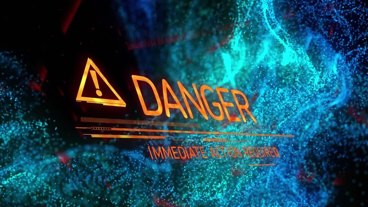 Animation of warning symbol and danger text banner over blue digital waves on black background