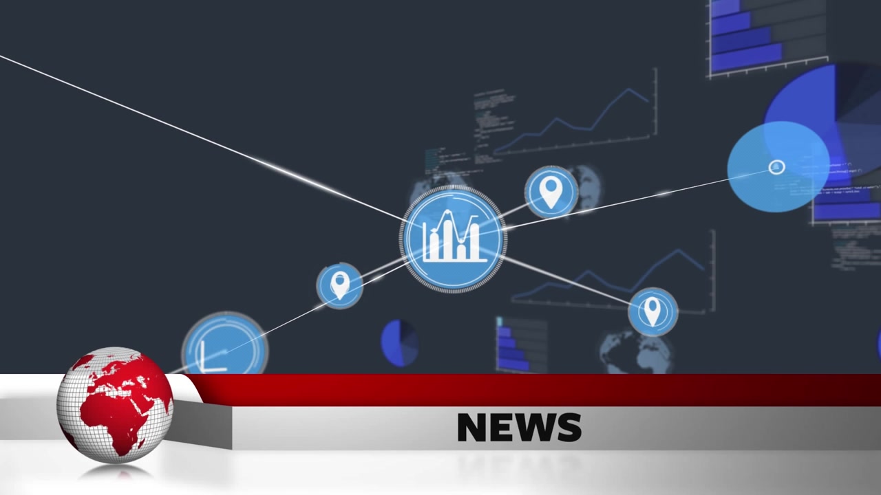 Animation of news text, globe, data processing and network of connections