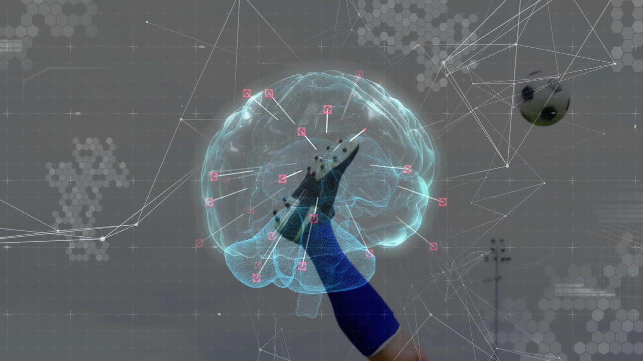 Animation of digital brain with network connections, person kicking soccer ball