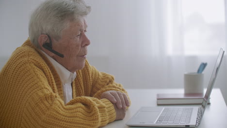 Ältere-Frauen-Benutzen-Einen-Laptop,-Um-Videoanrufe-Zu-Tätigen,-Sprechen-Gestikulieren-Und-Zeigen-Mit-Der-Hand-Die-Daumen-Nach-Oben-Im-Innenbereich.-Alte-Frau-Und-Modernes-Gerätekonzept.