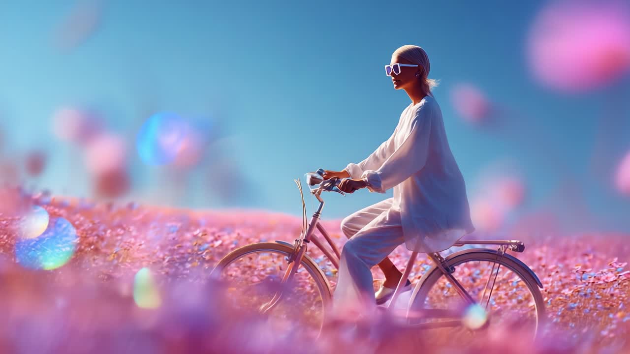 A serene ride through a vibrant floral landscape, capturing the essence of freedom and nature's beauty, as a person pedals on a bicycle amid a sea of colorful flowers under a clear blue sky