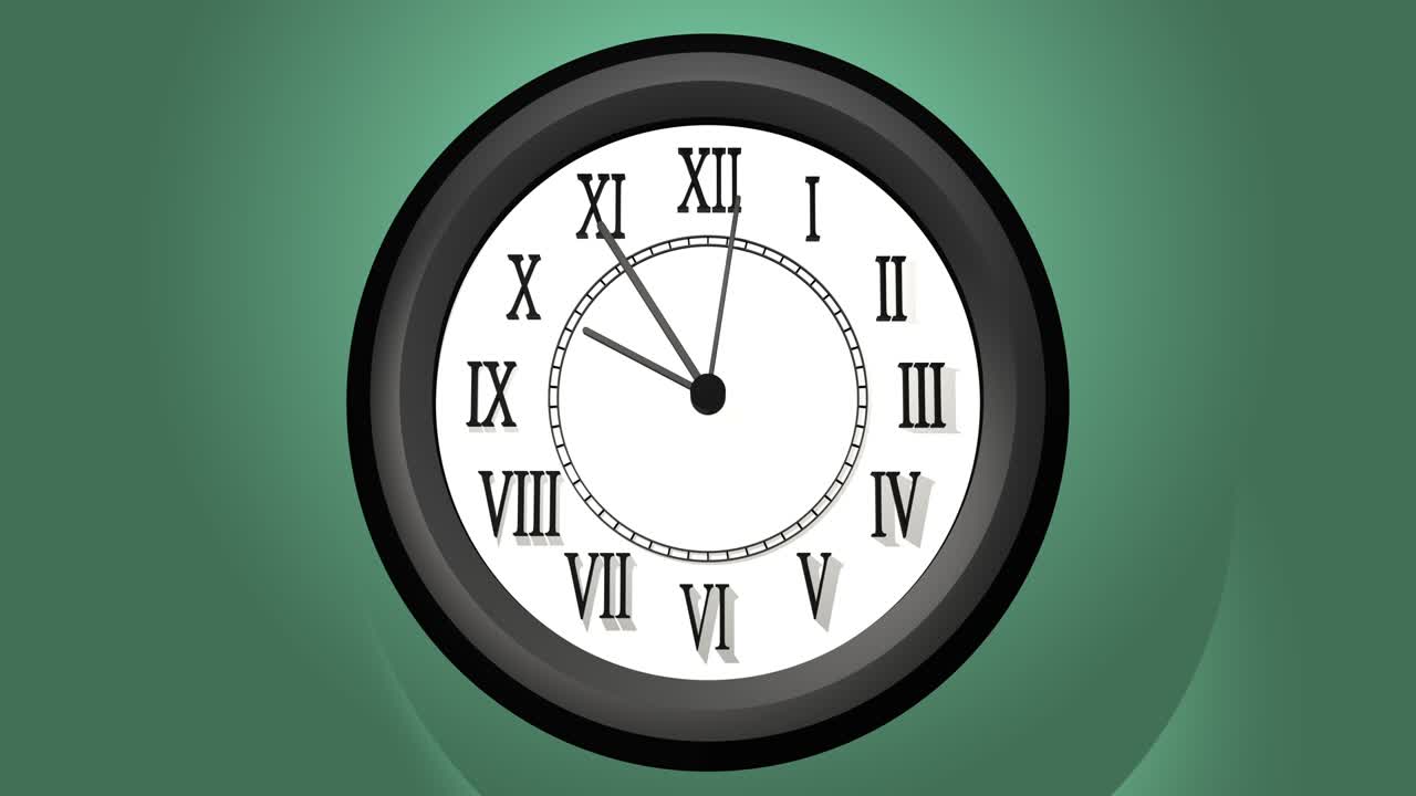 3d animado lapse de tiempo de un reloj de pared con marco negro. reflejo de luz y sombras en la cara del reloj