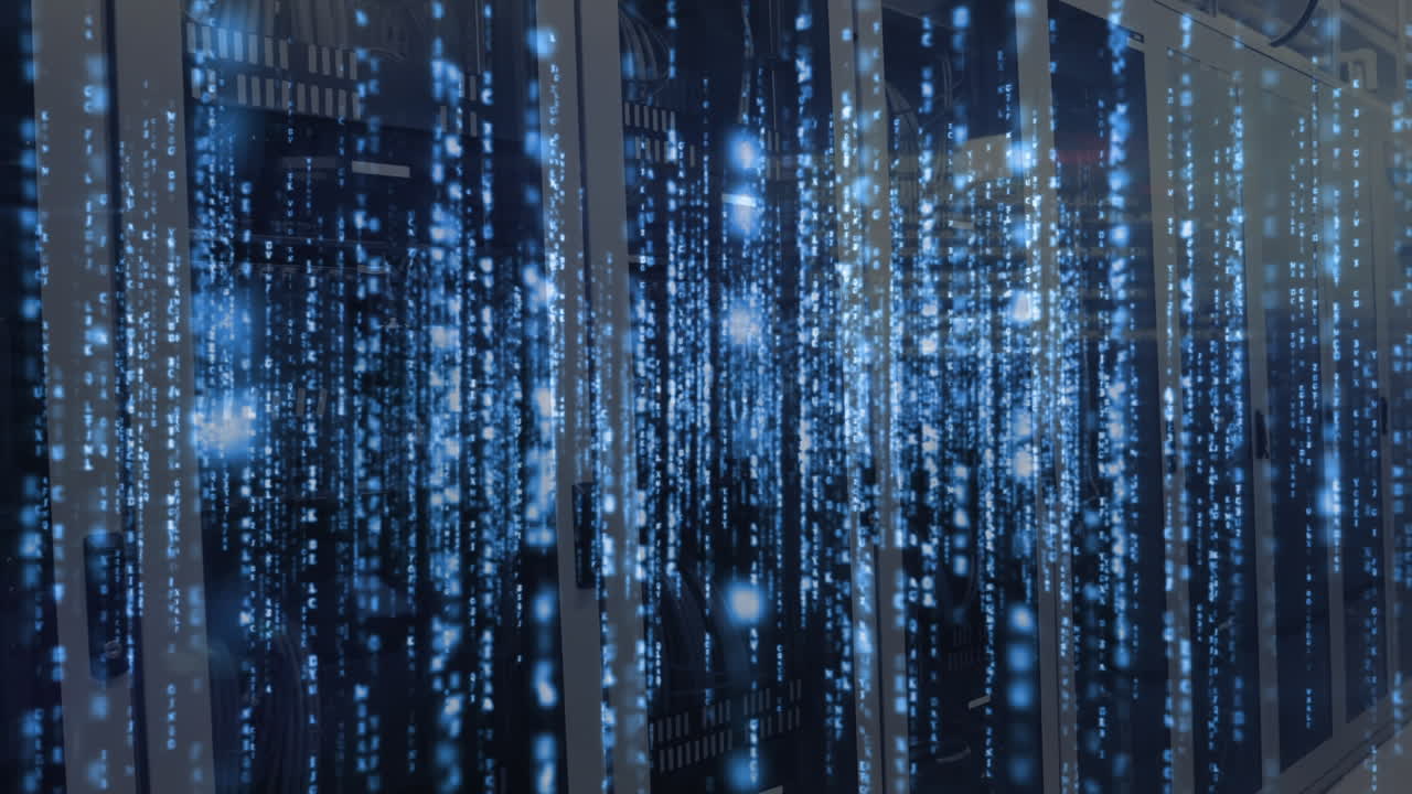 Animation of glowing data processing and digital information flowing