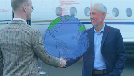 animation of globe data processing over business people on the airport