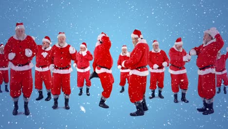 Composición-De-Video-Con-Nieve-Cayendo-Sobre-Un-Grupo-De-Santas-Bailando