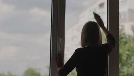 a woman washes a window in the apartment of a high-rise building 3