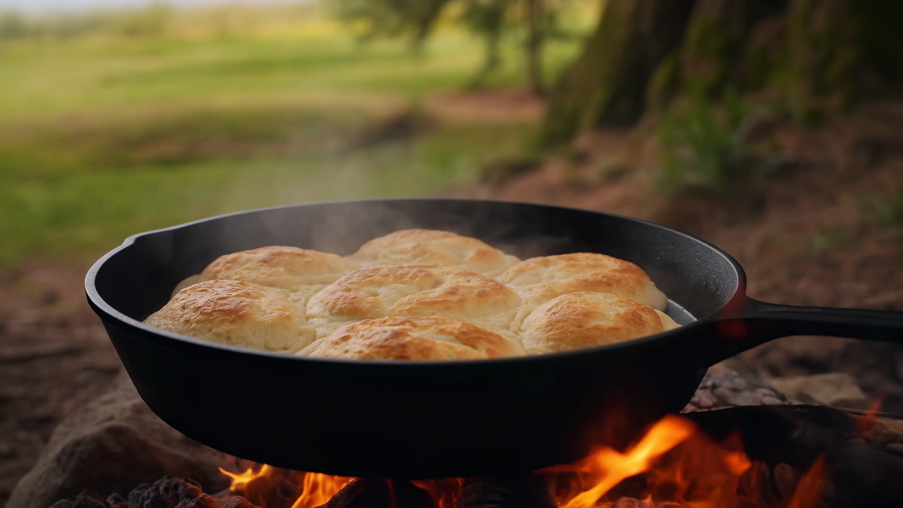 Golden Biscuits Skillet Cooking Over Campfire, Steam Rising From Browned Crust, Cast Iron Pan Balanced On Logs
