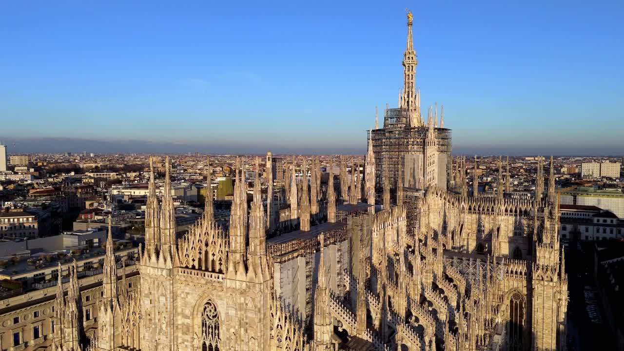 Aerial close up of Milan Cathedral Duomo of Milano, Italy cityscape fashion capital