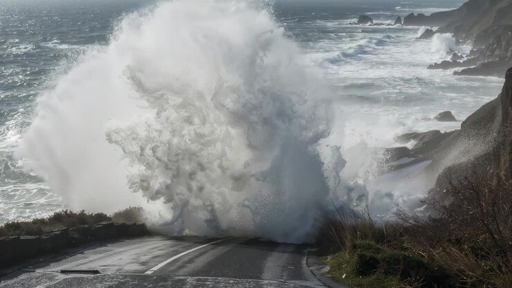 Vague océanique déferlante s’écrasant sur une route côtière à deux voies, inondant le garde-corps en pierre avant de se retirer