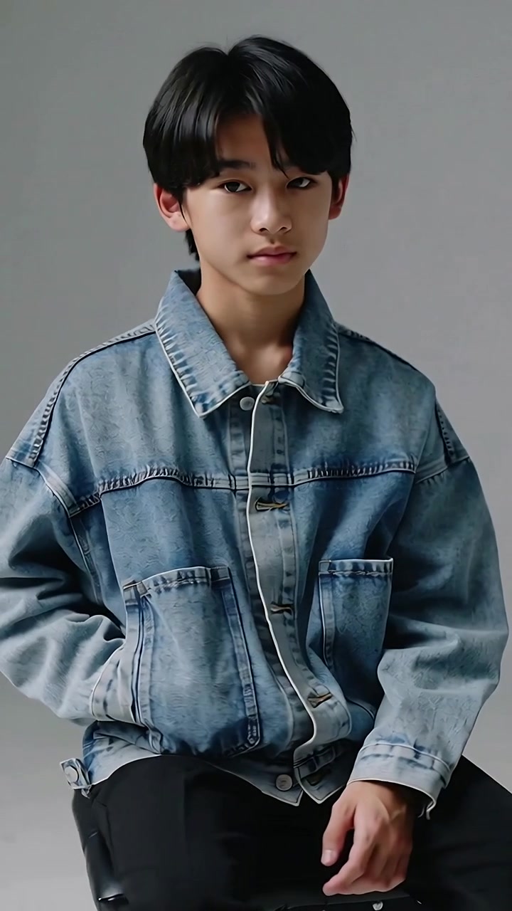 Video verticale: Telecamera in movimento, adolescente asiatico che si muove su uno sgabello nero in studio, indossando una giacca di jeans