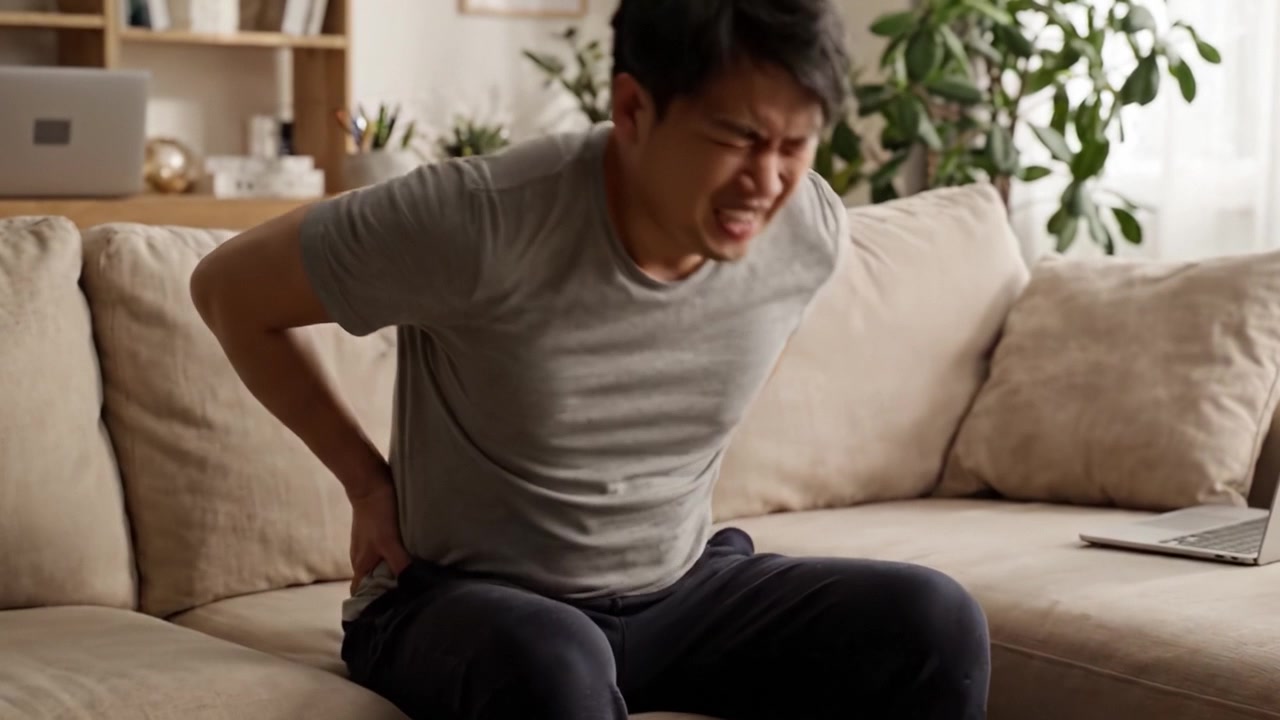 Experiencing Discomfort: A Man's Struggle with Back Pain While Sitting on a Couch in a Cozy Living Room Setting