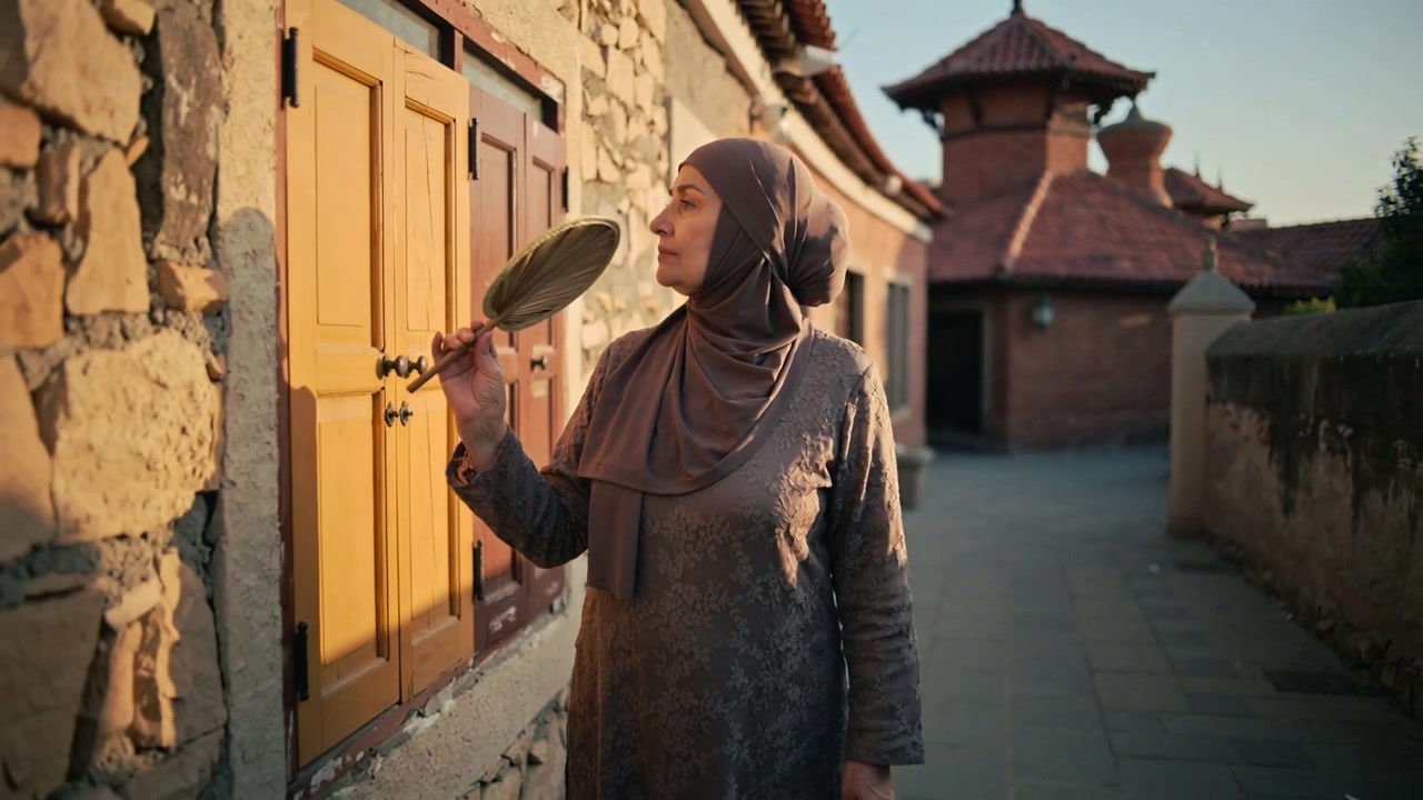 Anciana con hiyab marrón caminando, levantando un espejo cerca de persianas de madera en un callejón de piedra, estudiando la persiana.