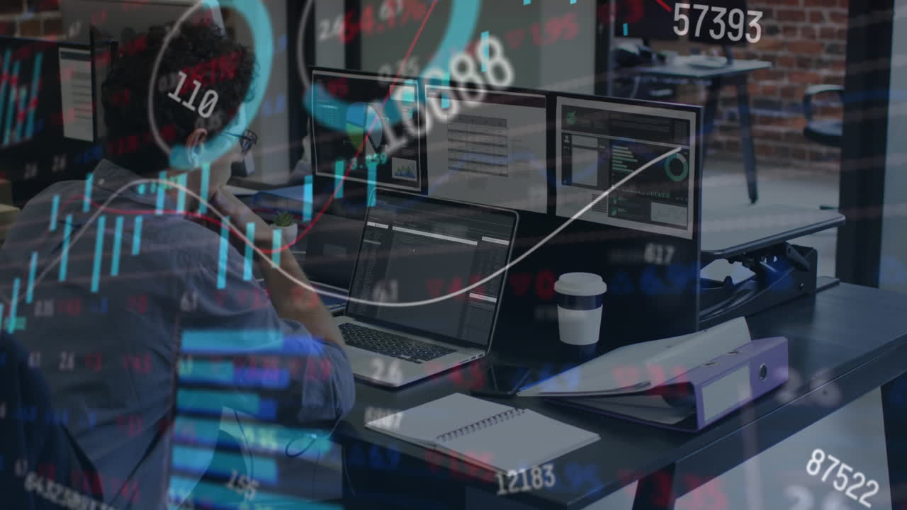 animazione dell'elaborazione dei dati finanziari su un uomo d'affari caucasico che usa il portatile