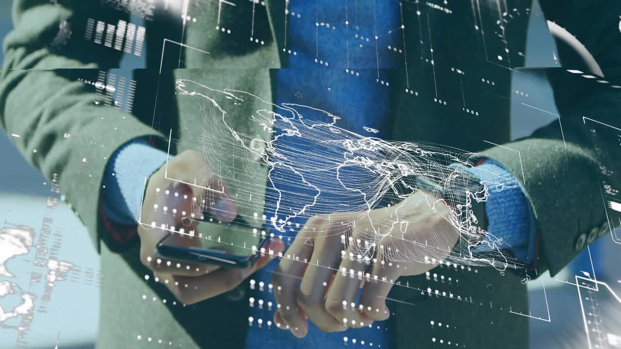 Man in blazer pulling smartphone and navigating tech data panels with holographic map shifting