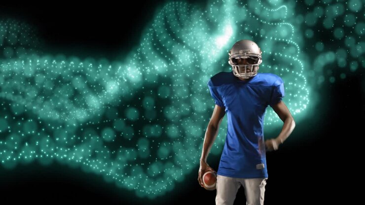 Animazione di una rete di particelle luminose su un giocatore di football americano maschio che tiene la palla