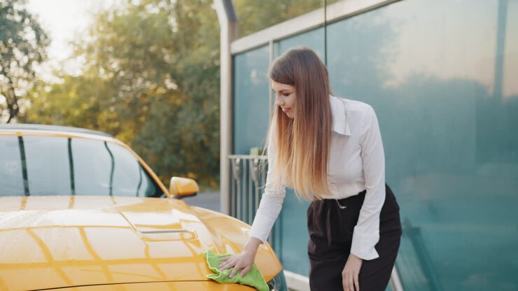 donna che lava una macchina gialla in un lavandino all'aperto