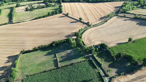 upward tilt aerial reveals view of large field of crops in france