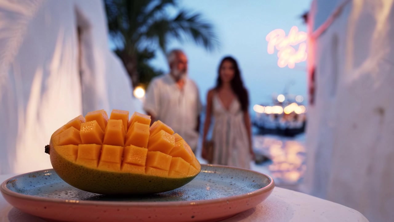 Un vivace piatto di fette di mango fresco in un ambiente tropicale con uno sfondo di spiaggia soffuso che esalta il delizioso fascino del frutto succoso e l'atmosfera rilassante