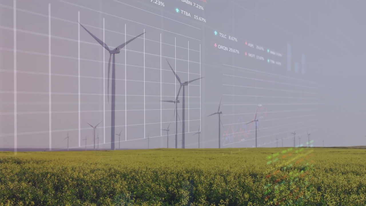 Animation of financial data processing over wind turbines