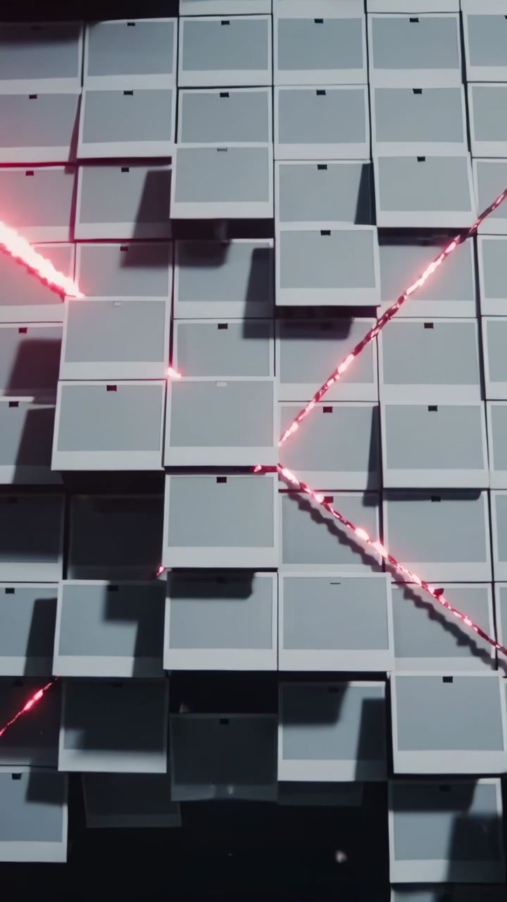 Vertical video: Shifting panel grid as red beams appearing from corners in studio, forming cross