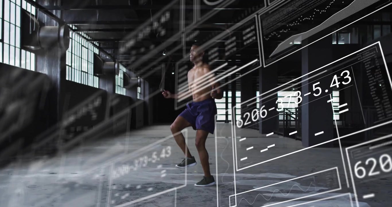 Uomo a torso nudo che fa la corda in un magazzino, con sovrapposizione di metriche di monitoraggio del fitness.
