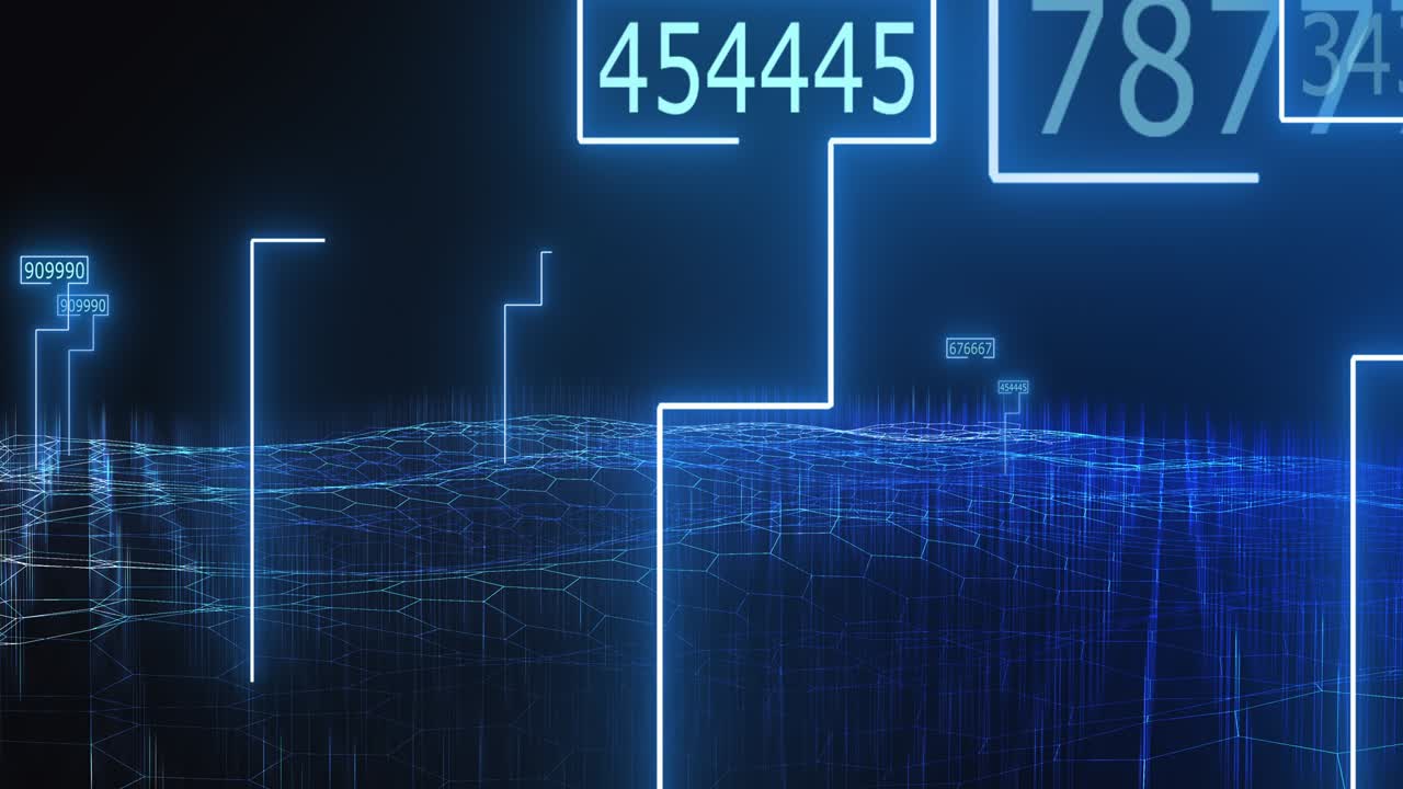 Waves of blue fluid with hexagonal pattern and numbers coming out from the surface. Data processing concept.  3D render loopable animation