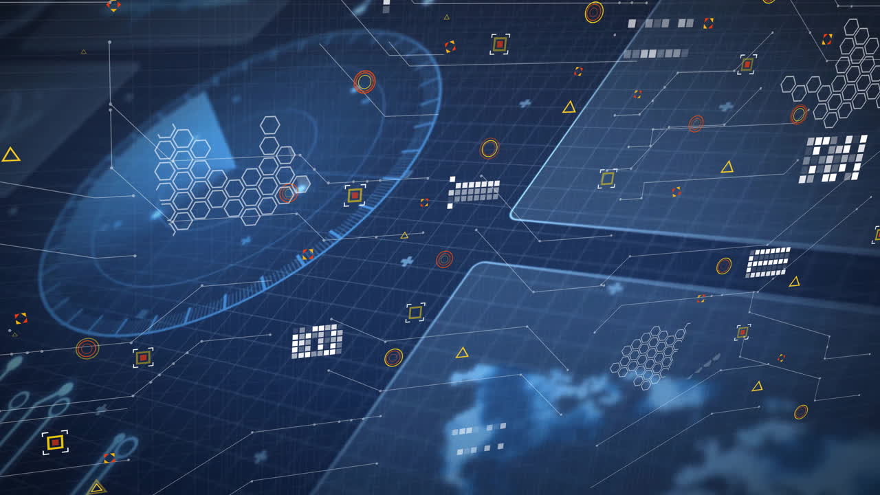 Animation of digital interface with hexagons and grids on blue background