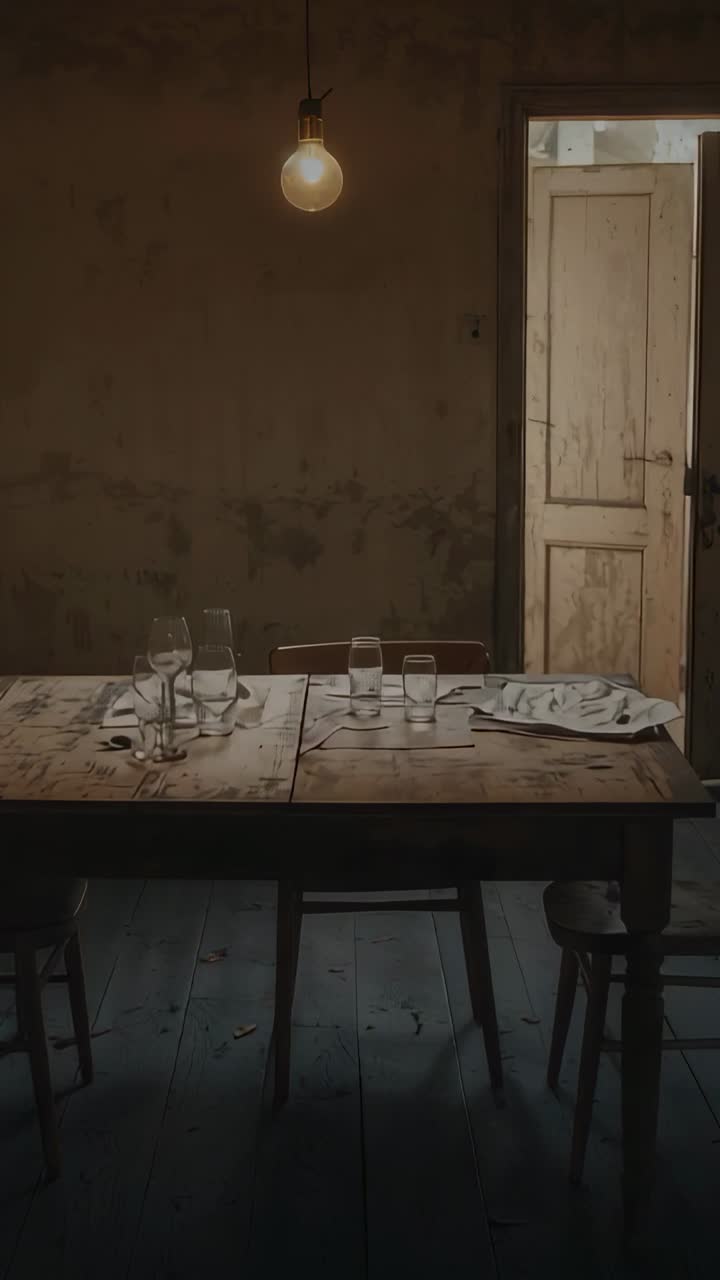 Vertical video: Flickering bulb casting shifting light on wooden table at home, showing glasses