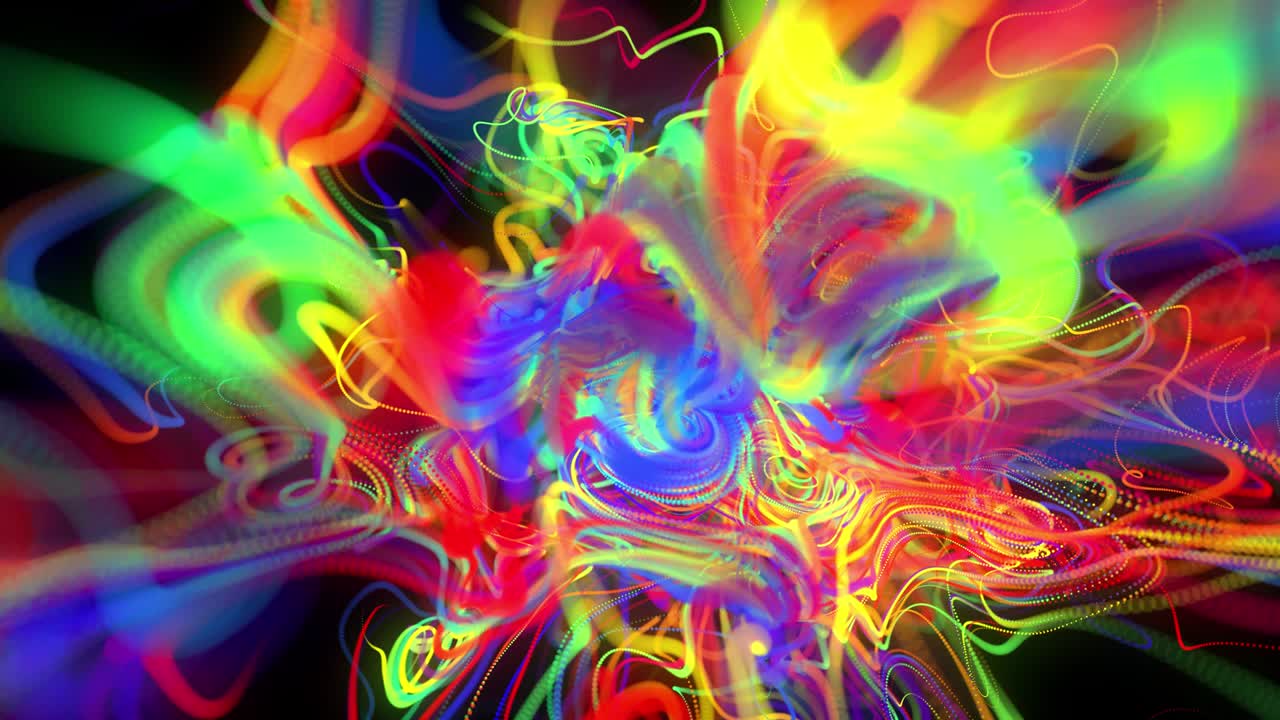 fondo en bucle abstracto con flujo de líneas multicolores de brillo o rayas de luz. las partículas de luces en funcionamiento se forman en el espacio 3d brillando hermosas líneas curvas con luz de neón. hermoso bg creativo en 4k.