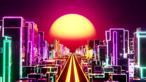 Flying-over-the-neon-city-at-sunset.-Infinitely-looped-animation