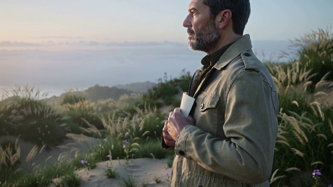 Camera pulling back olive-jacket man relaxing grip on paper viewing sea on coastal bluff