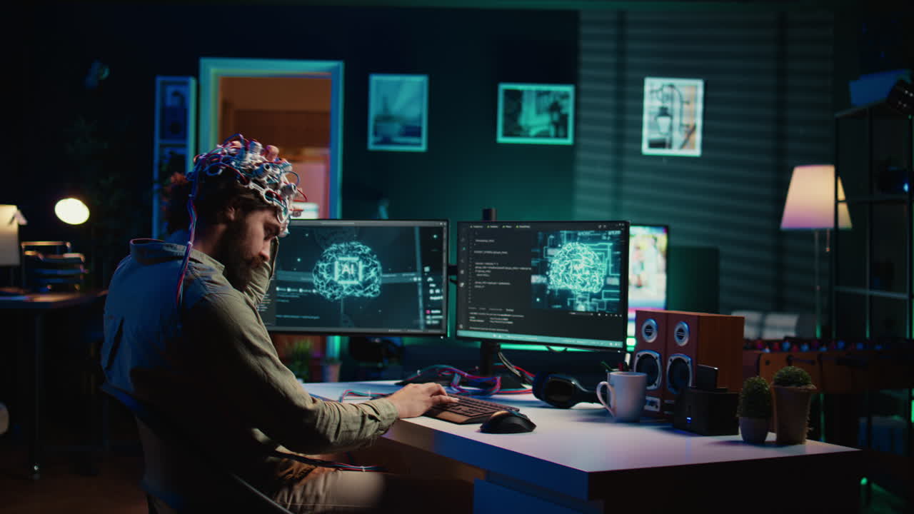 Transhumanist using neuroscientific technology to transcend, transferring mind