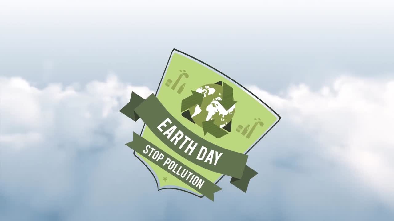 구름이 가득한 하늘에서 재활용 상징과 지구의 날을 가진 방패의 애니메이션