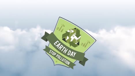 animación de un escudo con símbolo de reciclaje y el día de la tierra en un cielo nublado