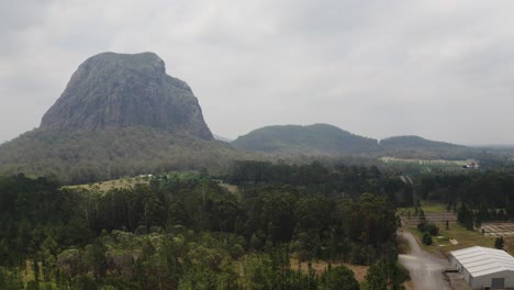 Amazing-view-of-the-Glass-House-Mountains-In-Queensland-Australia-In-A-Foggy-Day---aerial-shot