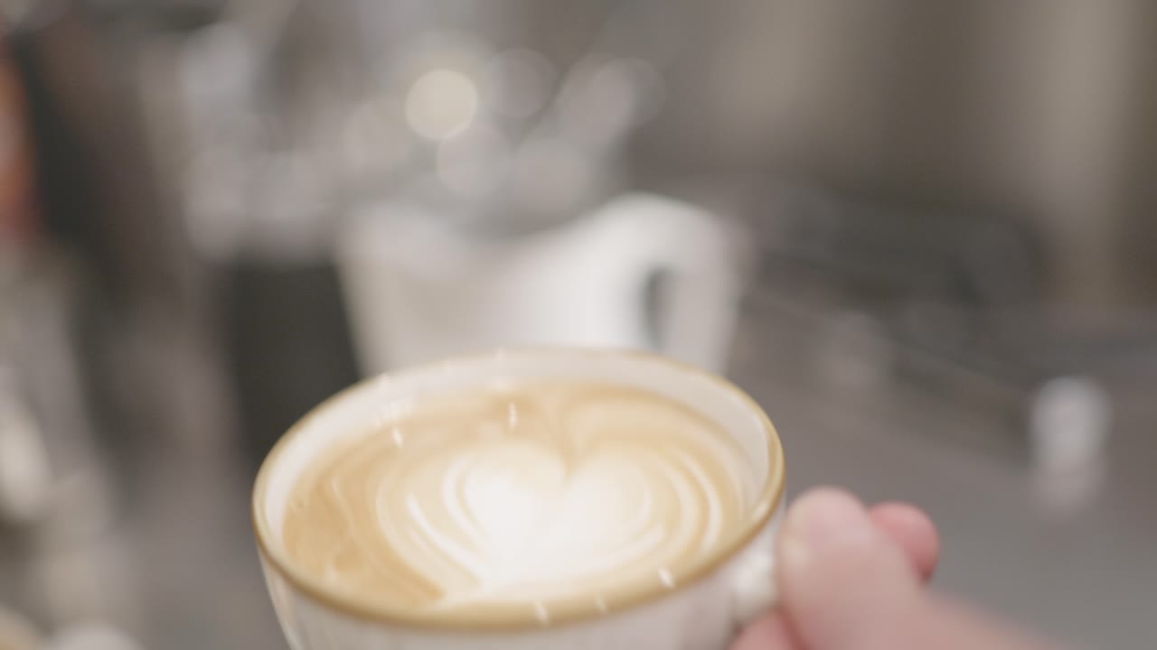 Barista slowly pouring a cup of milk into a cappuccino cup of coffee and forming a creamy white heart on the surface of the coffee