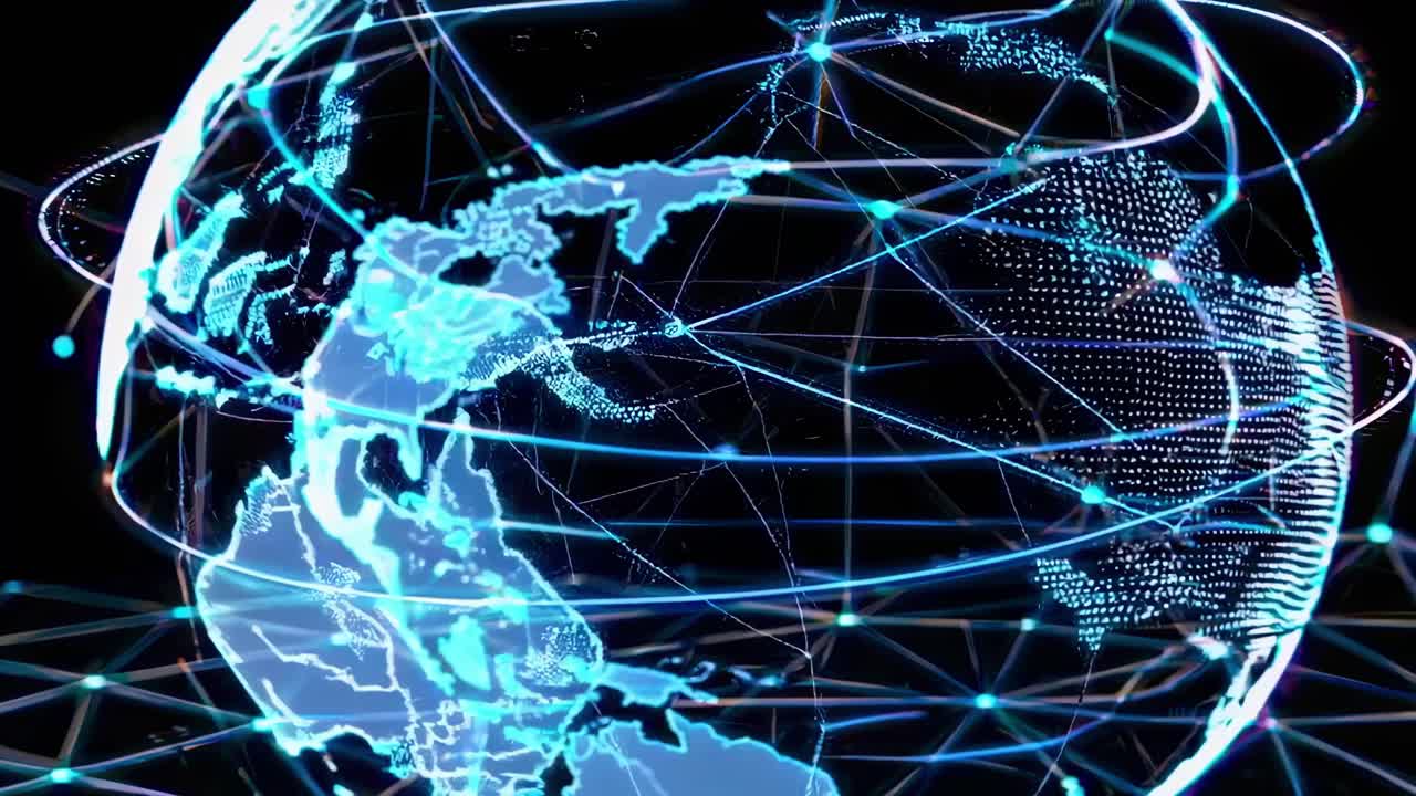 Futuristic video concept of a digital globe with interconnected lines, viewed from a slightly tilted