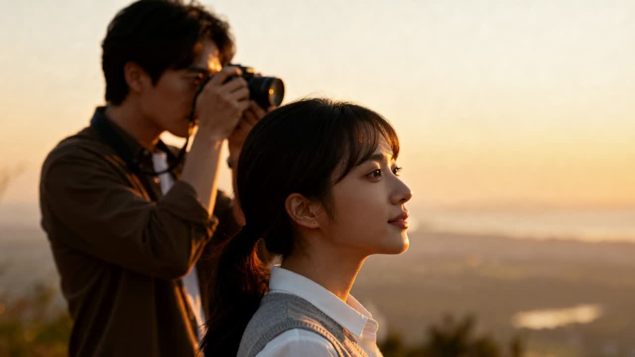 Shooting man raising DSLR with strap hilltop sunset, woman in white shirt, gray vest gazing forward