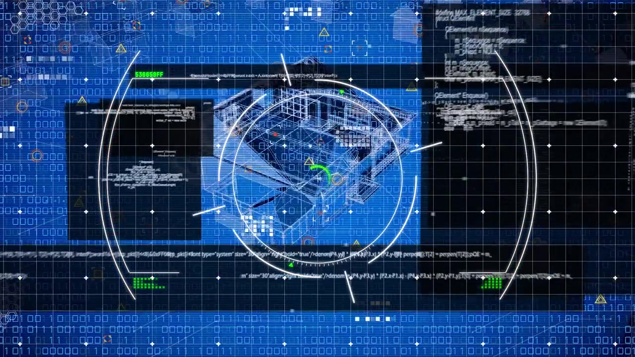 Futuristic HUD Displaying Architectural Blueprint and Digital Data