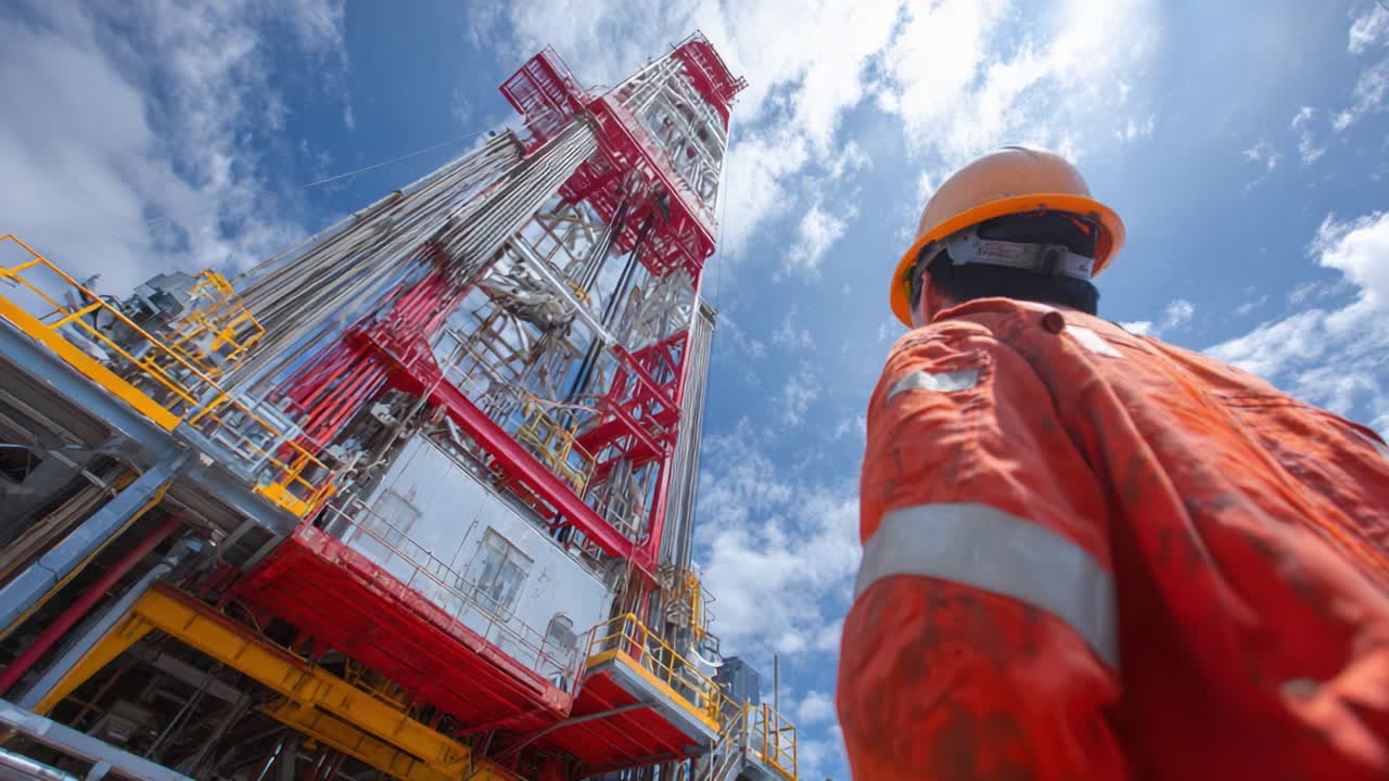 En engageret arbejder observerer en høj olieplatform under en klar himmel og fanger essensen af moderne energiforskning og olieindustriens udfordringer